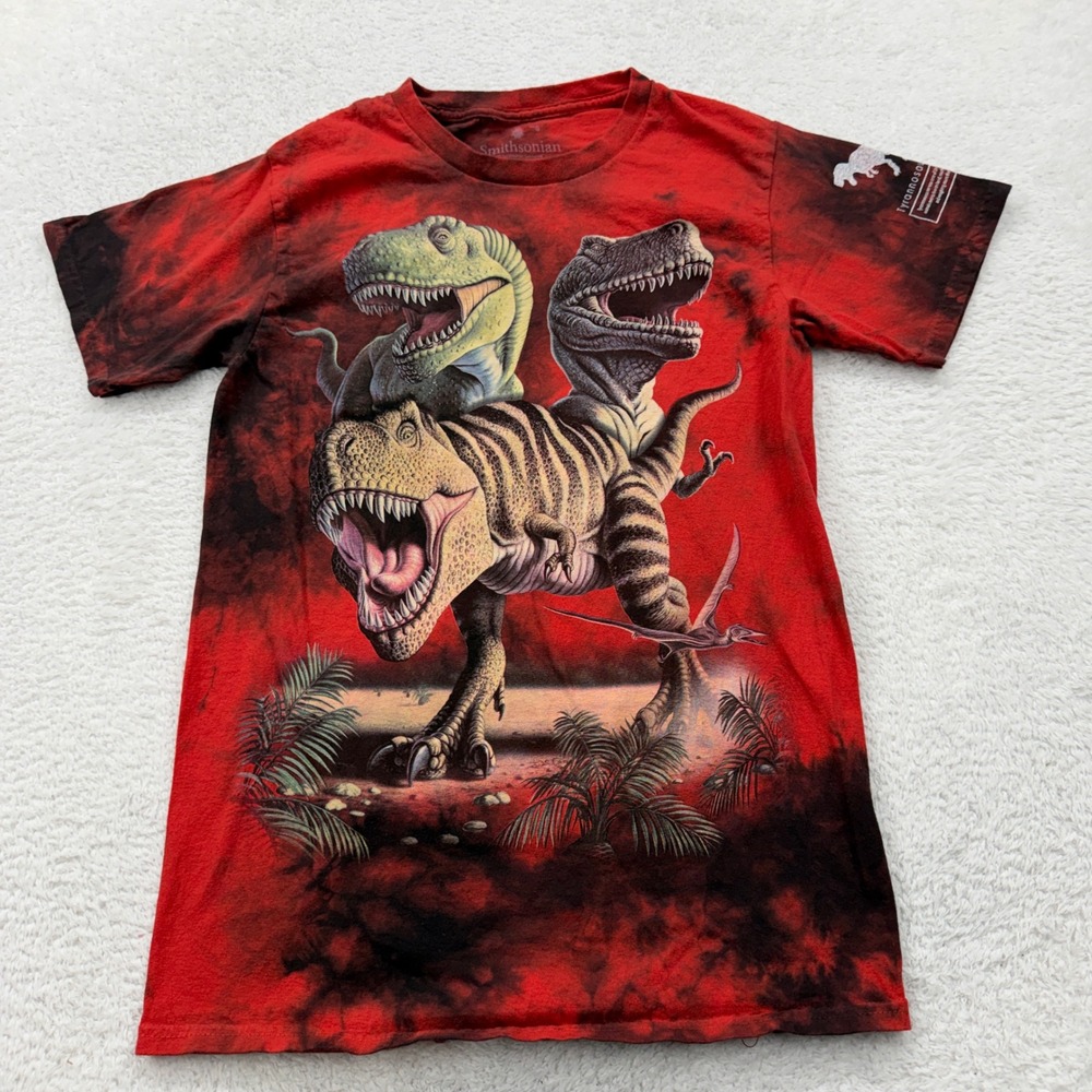 Smithsonian Dinosaurs Graphic T-Shirt Red Tie Dye Novelty Men's Small